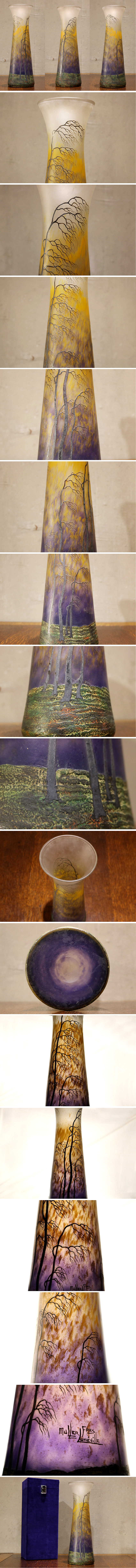 新品最新作『Muller Freres Luneville(ミューラー兄弟)』林風景花瓶 ヴィトリフィカシオン彩ガラスベース ４２㎝大型 アールヌーヴォー ＃12 工芸ガラス